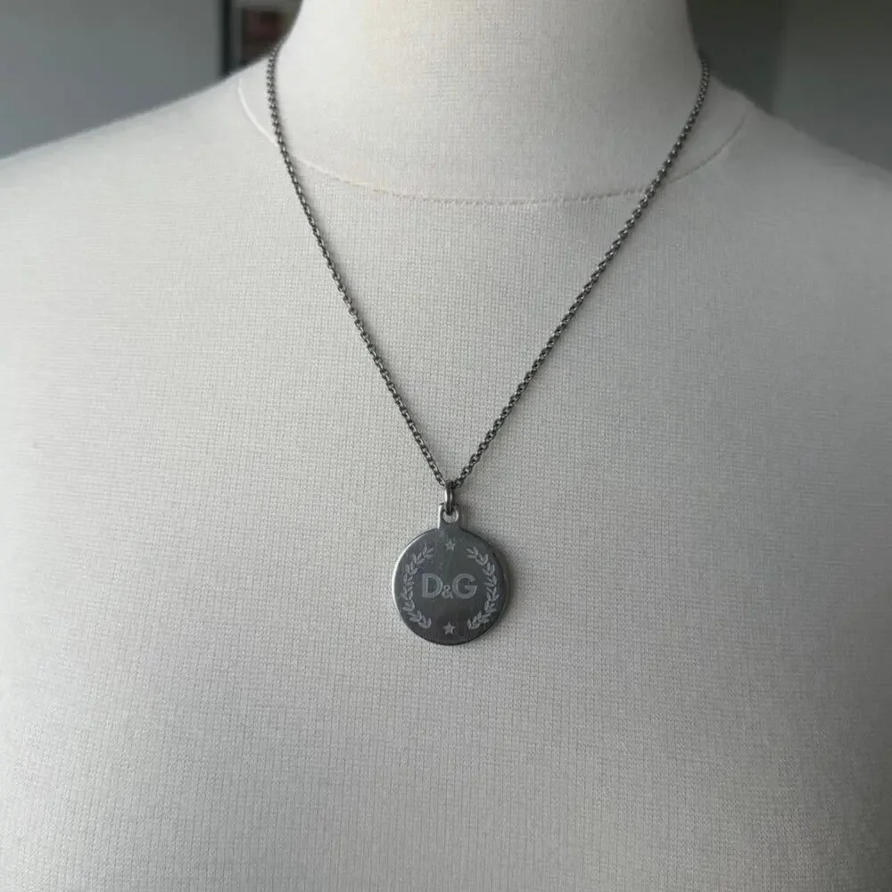 D&G Dolce & Gabbana Silver Logo Medallion Pendant Necklace